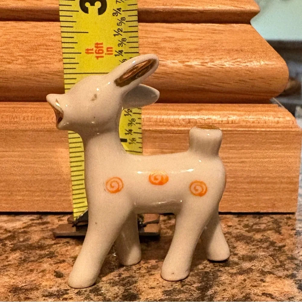 Vintage 1950s Miniature Porcelain Deer with Gold Detailing & Orange Swirls JAPAN